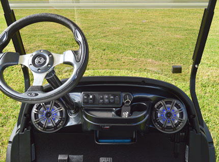 Carbon Fiber Interior Club Car Precedent Golf Cart with custom LED Switch Panel and bluetooth at Key Largo Golf Carts