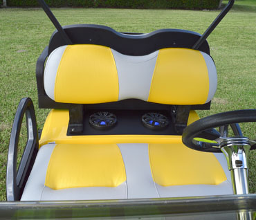Yellow Club Car Precedent Golf Cart with Grey and Yellow Vinyl Seats at Key Largo Golf Carts